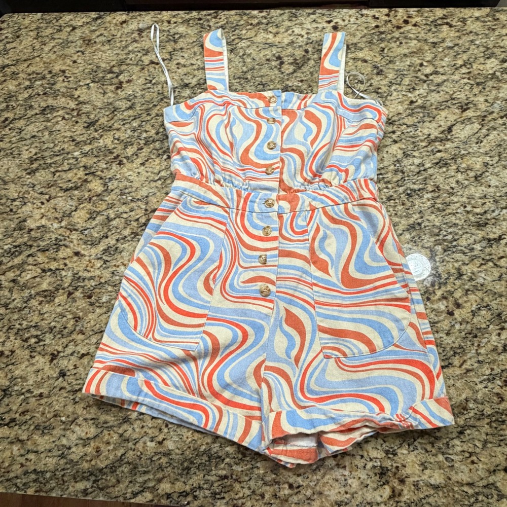 FRNCH Paris Retro Psychedelic Swirl Button Front Romper Orange Blue Women's L